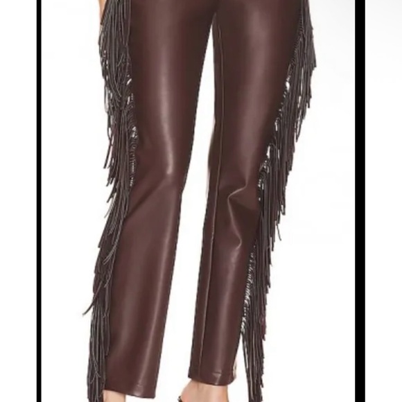 Norma Kamali Brown Faux-Leather Fringe Bootcut Jeans - Picture 2 of 3